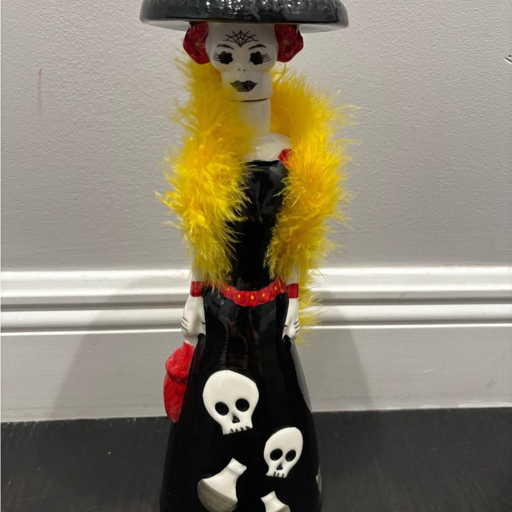 Rita Dona Celia Day of the Dead Skeleton Figurine with Yellow Feather Boa
